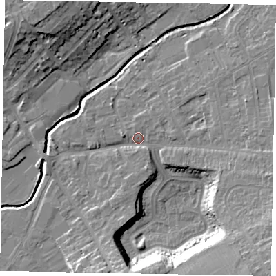 Shaded relief map of the ground around LU74PZ, computed from Environment Agency LiDAR. The ground here sits at about 85 m above sea level and falls 18 m across the surrounding 800 m. Surface water reaching this point runs off ground lying to the south-east, 17.5 m higher.