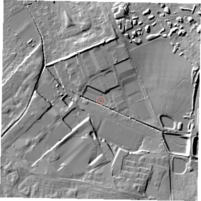 Shaded relief map of the ground around LU74QE, computed from Environment Agency LiDAR. The ground here sits at about 91 m above sea level and falls 14 m across the surrounding 800 m. Surface water reaching this point runs off ground lying to the south, 11.5 m higher.
