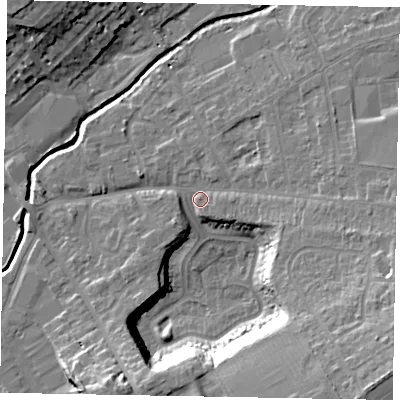 Shaded relief map of the ground around LU74QJ, computed from Environment Agency LiDAR. The ground here sits at about 86 m above sea level and falls 19 m across the surrounding 800 m. Surface water reaching this point runs off ground lying to the south-east, 19.2 m higher.