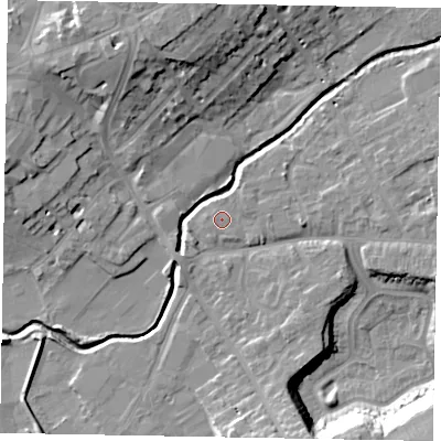 Shaded relief map of the ground around LU74QX, computed from Environment Agency LiDAR. The ground here sits at about 84 m above sea level and falls 17 m across the surrounding 800 m. Surface water reaching this point runs off ground lying to the east, 1.0 m higher.