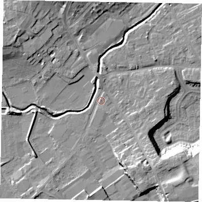 Shaded relief map of the ground around LU74SB, computed from Environment Agency LiDAR. The ground here sits at about 84 m above sea level and falls 16 m across the surrounding 800 m. Surface water reaching this point runs off ground lying to the south-east, 10.8 m higher.