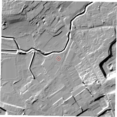 Shaded relief map of the ground around LU74SE, computed from Environment Agency LiDAR. The ground here sits at about 84 m above sea level and falls 15 m across the surrounding 800 m. The ground contributing surface water to this point lies to the south-east.