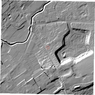Shaded relief map of the ground around LU74TG, computed from Environment Agency LiDAR. The ground here sits at about 85 m above sea level and falls 17 m across the surrounding 800 m. Surface water reaching this point runs off ground lying to the south-east, 9.6 m higher.