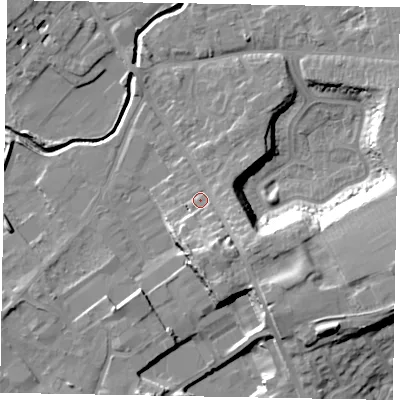 Shaded relief map of the ground around LU74TH, computed from Environment Agency LiDAR. The ground here sits at about 86 m above sea level and falls 17 m across the surrounding 800 m. Surface water reaching this point runs off ground lying to the south, 7.2 m higher.