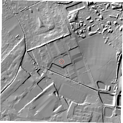 Shaded relief map of the ground around LU74UH, computed from Environment Agency LiDAR. The ground here sits at about 93 m above sea level and falls 14 m across the surrounding 800 m. Surface water reaching this point runs off ground lying to the north, 4.9 m higher.