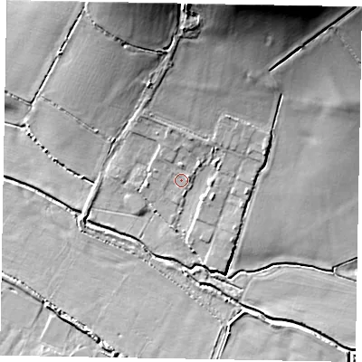 Shaded relief map of the ground around LU79BP, computed from Environment Agency LiDAR. The ground here sits at about 87 m above sea level and falls 25 m across the surrounding 800 m. Surface water reaching this point runs off ground lying to the north, 1.7 m higher.