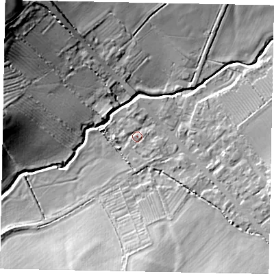 Shaded relief map of the ground around LU79HJ, computed from Environment Agency LiDAR. The ground here sits at about 99 m above sea level and falls 25 m across the surrounding 800 m. Surface water reaching this point runs off ground lying to the east-south-east, 4.7 m higher.