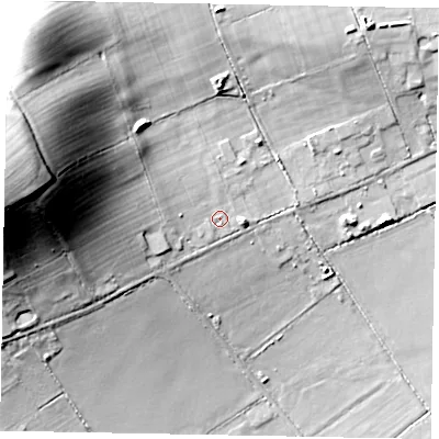 Shaded relief map of the ground around LU79JH, computed from Environment Agency LiDAR. The ground here sits at about 98 m above sea level and falls 43 m across the surrounding 800 m. Surface water reaching this point runs off ground lying to the west-north-west, 33.6 m higher.