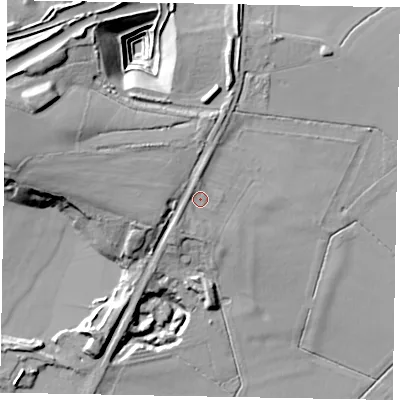 Shaded relief map of the ground around LU79LA, computed from Environment Agency LiDAR. The ground here sits at about 106 m above sea level and falls 32 m across the surrounding 800 m. Surface water reaching this point runs off ground lying to the west, 2.6 m higher.