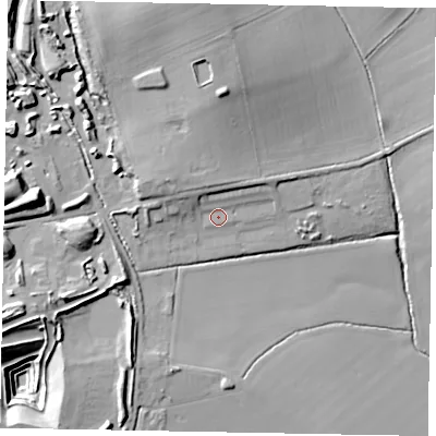 Shaded relief map of the ground around LU79LF, computed from Environment Agency LiDAR. The ground here sits at about 107 m above sea level and falls 30 m across the surrounding 800 m. Surface water reaching this point runs off ground lying to the north-west, 5.6 m higher.