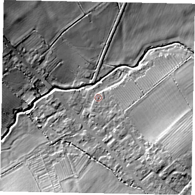 Shaded relief map of the ground around LU79LL, computed from Environment Agency LiDAR. The ground here sits at about 100 m above sea level and falls 14 m across the surrounding 800 m. Surface water reaching this point runs off ground lying to the south-east, 1.2 m higher.