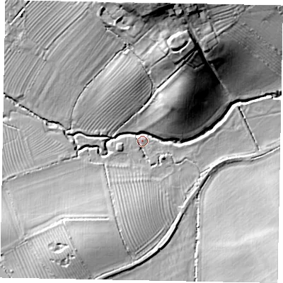 Shaded relief map of the ground around LU79ND, computed from Environment Agency LiDAR. The ground here sits at about 97 m above sea level and falls 31 m across the surrounding 800 m. Surface water reaching this point runs off ground lying to the north, 29.1 m higher.
