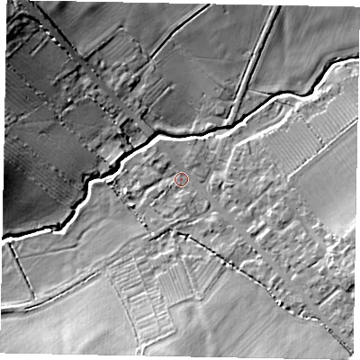 Shaded relief map of the ground around LU79NF, computed from Environment Agency LiDAR. The ground here sits at about 99 m above sea level and falls 19 m across the surrounding 800 m. Surface water reaching this point runs off ground lying to the east-south-east, 6.1 m higher.