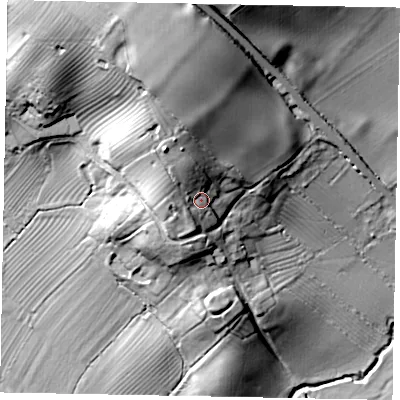 Shaded relief map of the ground around LU79NH, computed from Environment Agency LiDAR. The ground here sits at about 124 m above sea level and falls 44 m across the surrounding 800 m. Surface water reaching this point runs off ground lying to the north-west, 10.7 m higher.