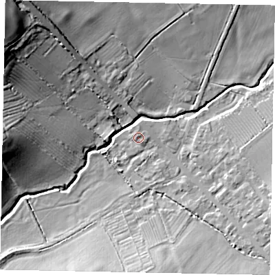 Shaded relief map of the ground around LU79NS, computed from Environment Agency LiDAR. The ground here sits at about 100 m above sea level and falls 26 m across the surrounding 800 m. Surface water reaching this point runs off ground lying to the north, 1.4 m higher.