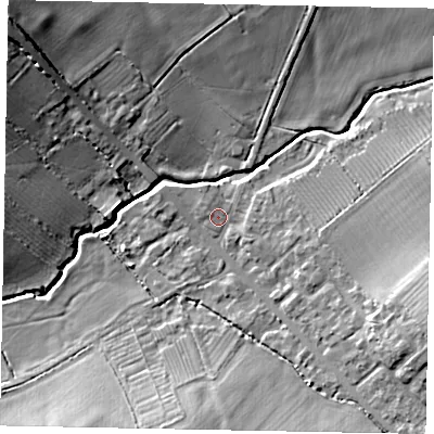 Shaded relief map of the ground around LU79RX, computed from Environment Agency LiDAR. The ground here sits at about 100 m above sea level and falls 18 m across the surrounding 800 m. Surface water reaching this point runs off ground lying to the east-south-east, 2.3 m higher.