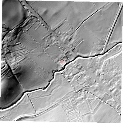 Shaded relief map of the ground around LU79TA, computed from Environment Agency LiDAR. The ground here sits at about 100 m above sea level and falls 36 m across the surrounding 800 m. Surface water reaching this point runs off ground lying to the north-west, 31.7 m higher.