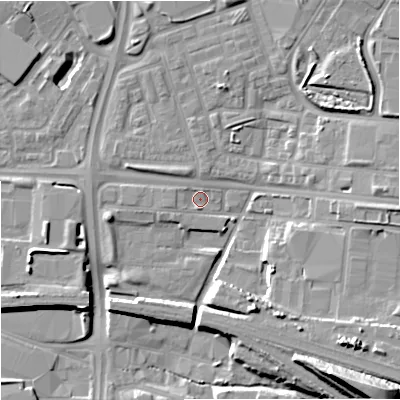 Shaded relief map of the ground around M112DW, computed from Environment Agency LiDAR. The ground here sits at about 55 m above sea level and falls 22 m across the surrounding 800 m. Surface water reaching this point runs off ground lying to the north-north-west, 1.2 m higher.
