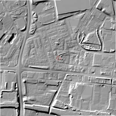 Shaded relief map of the ground around M112EF, computed from Environment Agency LiDAR. The ground here sits at about 56 m above sea level and falls 17 m across the surrounding 800 m. Surface water reaching this point runs off ground lying to the north, 3.5 m higher.
