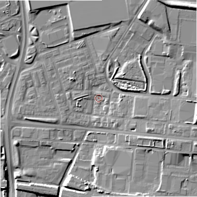 Shaded relief map of the ground around M112EG, computed from Environment Agency LiDAR. The ground here sits at about 56 m above sea level and falls 18 m across the surrounding 800 m. Surface water reaching this point runs off ground lying to the north-east, 12.6 m higher.