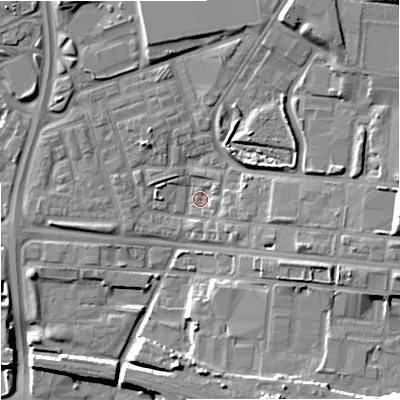 Shaded relief map of the ground around M112EJ, computed from Environment Agency LiDAR. The ground here sits at about 56 m above sea level and falls 18 m across the surrounding 800 m. Surface water reaching this point runs off ground lying to the east, 12.1 m higher.