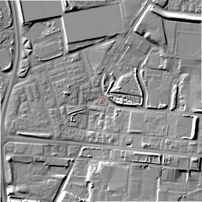 Shaded relief map of the ground around M112FG, computed from Environment Agency LiDAR. The ground here sits at about 58 m above sea level and falls 18 m across the surrounding 800 m. Surface water reaching this point runs off ground lying to the north-north-east, 10.9 m higher.