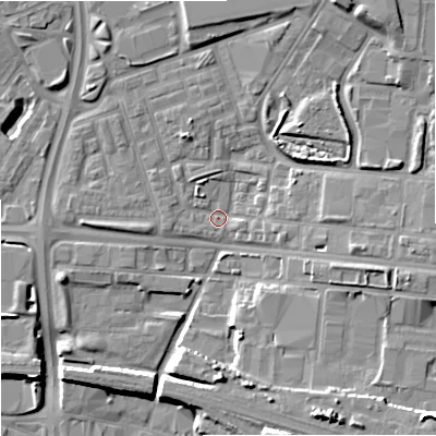Shaded relief map of the ground around M112FN, computed from Environment Agency LiDAR. The ground here sits at about 56 m above sea level and falls 16 m across the surrounding 800 m. Surface water reaching this point runs off ground lying to the north-east, 11.0 m higher.