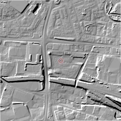 Shaded relief map of the ground around M112GR, computed from Environment Agency LiDAR. The ground here sits at about 54 m above sea level and falls 22 m across the surrounding 800 m. Surface water reaching this point runs off ground lying to the west-north-west, 3.1 m higher.