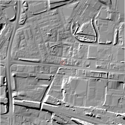 Shaded relief map of the ground around M112HD, computed from Environment Agency LiDAR. The ground here sits at about 56 m above sea level and falls 21 m across the surrounding 800 m. Surface water reaching this point runs off ground lying to the north-east, 11.2 m higher.