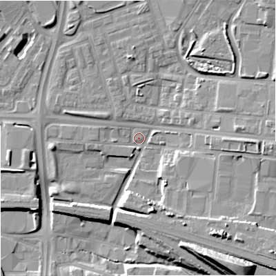 Shaded relief map of the ground around M112WD, computed from Environment Agency LiDAR. The ground here sits at about 55 m above sea level and falls 22 m across the surrounding 800 m. Surface water reaching this point runs off ground lying to the south-east, 9.9 m higher.