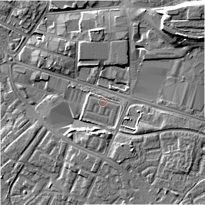 Shaded relief map of the ground around M124AH, computed from Environment Agency LiDAR. The ground here sits at about 43 m above sea level and falls 13 m across the surrounding 800 m. Surface water reaching this point runs off ground lying to the south-south-east, 1.7 m higher.