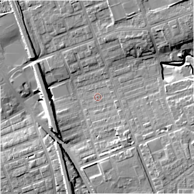 Shaded relief map of the ground around M124PB, computed from Environment Agency LiDAR. The ground here sits at about 51 m above sea level and falls 15 m across the surrounding 800 m. Surface water reaching this point runs off ground lying to the east-south-east, 13.2 m higher.