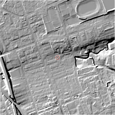 Shaded relief map of the ground around M124PH, computed from Environment Agency LiDAR. The ground here sits at about 52 m above sea level and falls 19 m across the surrounding 800 m. Surface water reaching this point runs off ground lying to the north-east, 11.9 m higher.