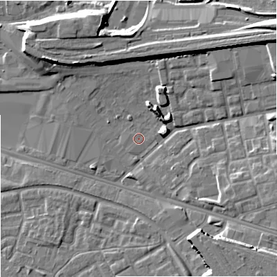Shaded relief map of the ground around M125AP, computed from Environment Agency LiDAR. The ground here sits at about 45 m above sea level and falls 12 m across the surrounding 800 m. Surface water reaching this point runs off ground lying to the north-north-east, 8.4 m higher.