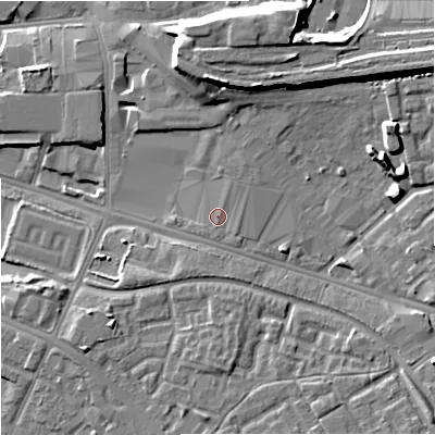 Shaded relief map of the ground around M125AQ, computed from Environment Agency LiDAR. The ground here sits at about 45 m above sea level and falls 12 m across the surrounding 800 m. Surface water reaching this point runs off ground lying to the north-north-east, 0.7 m higher.