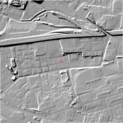 Shaded relief map of the ground around M125AU, computed from Environment Agency LiDAR. The ground here sits at about 47 m above sea level and falls 17 m across the surrounding 800 m. Surface water reaching this point runs off ground lying to the north-east, 4.0 m higher.