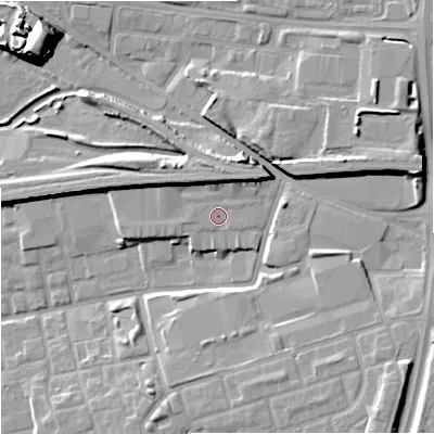 Shaded relief map of the ground around M125BT, computed from Environment Agency LiDAR. The ground here sits at about 51 m above sea level and falls 18 m across the surrounding 800 m. Surface water reaching this point runs off ground lying to the west, 0.8 m higher.