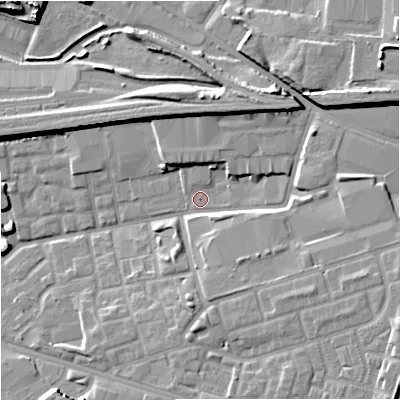 Shaded relief map of the ground around M125BW, computed from Environment Agency LiDAR. The ground here sits at about 48 m above sea level and falls 14 m across the surrounding 800 m. Surface water reaching this point runs off ground lying to the north-east, 11.0 m higher.