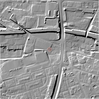 Shaded relief map of the ground around M125DA, computed from Environment Agency LiDAR. The ground here sits at about 52 m above sea level and falls 12 m across the surrounding 800 m. Surface water reaching this point runs off ground lying to the east-north-east, 9.6 m higher.