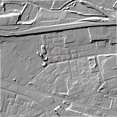 Shaded relief map of the ground around M125DB, computed from Environment Agency LiDAR. The ground here sits at about 46 m above sea level and falls 12 m across the surrounding 800 m. Surface water reaching this point runs off ground lying to the north-east, 9.8 m higher.