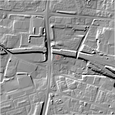 Shaded relief map of the ground around M125DD, computed from Environment Agency LiDAR. The ground here sits at about 53 m above sea level and falls 18 m across the surrounding 800 m. Surface water reaching this point runs off ground lying to the north, 5.4 m higher.