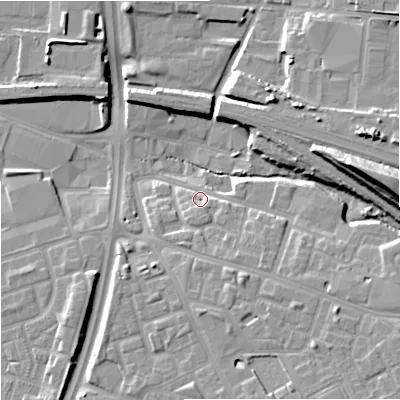 Shaded relief map of the ground around M125DJ, computed from Environment Agency LiDAR. The ground here sits at about 54 m above sea level and falls 22 m across the surrounding 800 m. Surface water reaching this point runs off ground lying to the east-south-east, 7.4 m higher.