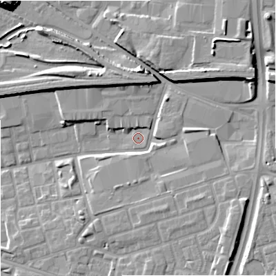Shaded relief map of the ground around M125DU, computed from Environment Agency LiDAR. The ground here sits at about 49 m above sea level and falls 17 m across the surrounding 800 m. Surface water reaching this point runs off ground lying to the north, 2.4 m higher.