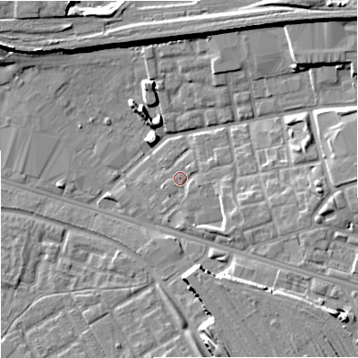Shaded relief map of the ground around M125LQ, computed from Environment Agency LiDAR. The ground here sits at about 46 m above sea level and falls 12 m across the surrounding 800 m. Surface water reaching this point runs off ground lying to the east-south-east, 2.3 m higher.