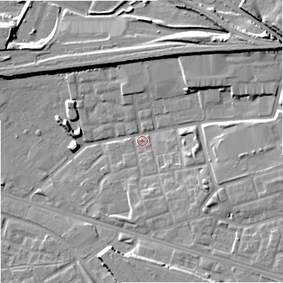 Shaded relief map of the ground around M125ND, computed from Environment Agency LiDAR. The ground here sits at about 47 m above sea level and falls 14 m across the surrounding 800 m. Surface water reaching this point runs off ground lying to the north-north-east, 9.5 m higher.