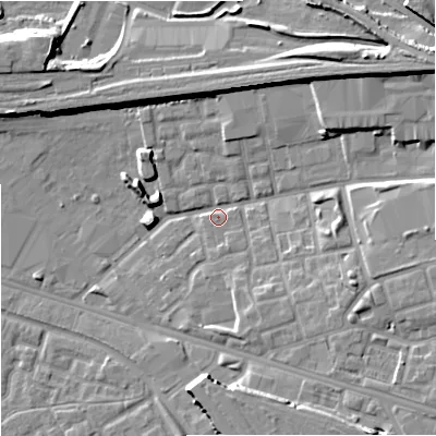 Shaded relief map of the ground around M125NE, computed from Environment Agency LiDAR. The ground here sits at about 47 m above sea level and falls 12 m across the surrounding 800 m. Surface water reaching this point runs off ground lying to the north-east, 9.8 m higher.