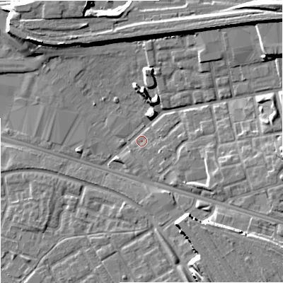 Shaded relief map of the ground around M125NL, computed from Environment Agency LiDAR. The ground here sits at about 46 m above sea level and falls 12 m across the surrounding 800 m. Surface water reaching this point runs off ground lying to the north-east, 10.5 m higher.