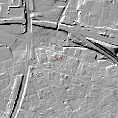 Shaded relief map of the ground around M125PN, computed from Environment Agency LiDAR. The ground here sits at about 56 m above sea level and falls 22 m across the surrounding 800 m. Surface water reaching this point runs off ground lying to the south-east, 2.7 m higher.