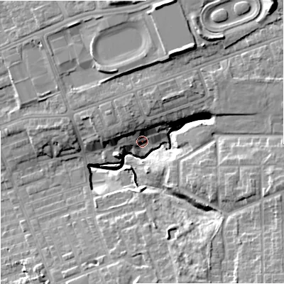 Shaded relief map of the ground around M125QJ, computed from Environment Agency LiDAR. The ground here sits at about 52 m above sea level and falls 20 m across the surrounding 800 m. Surface water reaching this point runs off ground lying to the north-east, 13.7 m higher.