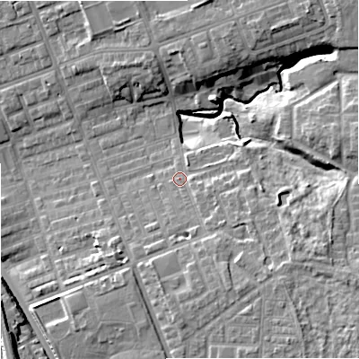 Shaded relief map of the ground around M125RF, computed from Environment Agency LiDAR. The ground here sits at about 54 m above sea level and falls 14 m across the surrounding 800 m. Surface water reaching this point runs off ground lying to the east-south-east, 7.8 m higher.